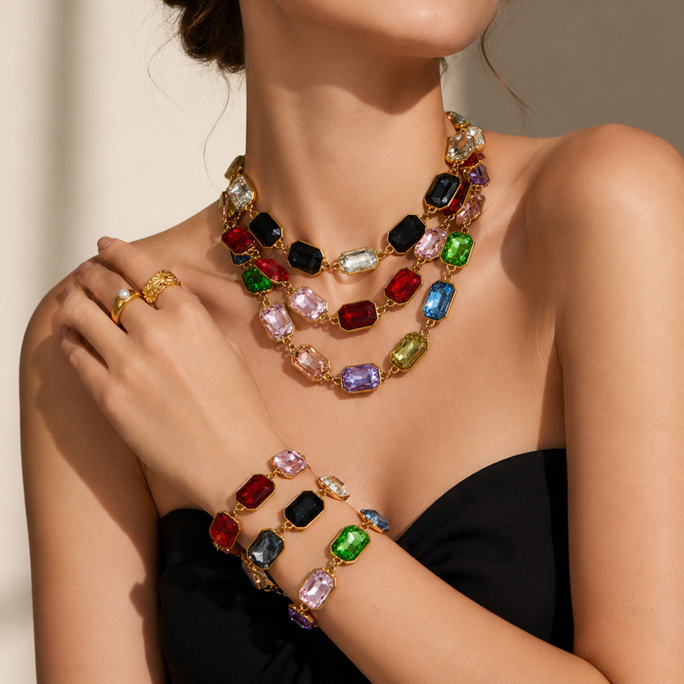 316L Stainless Steel 18K Gold PVD Square Zircon Bracelet - Square Glass Stone, Elegant Bracelet Wholesale Stainless Steel Jewelry - Sensitive Skin Friendly - Detail 29