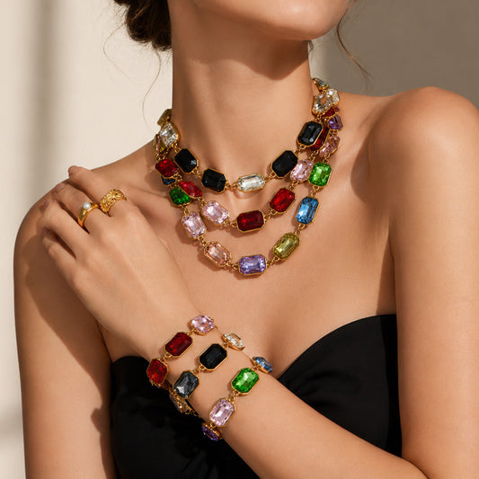 316L Stainless Steel 18K Gold PVD Square Zircon Bracelet - Square Glass Stone, Elegant Bracelet Wholesale Stainless Steel Jewelry - Sensitive Skin Friendly - Detail 29
