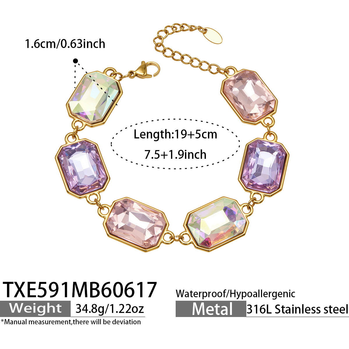 316L Stainless Steel 18K Gold PVD Square Zircon Bracelet - Square Glass Stone, Elegant Bracelet Wholesale Stainless Steel Jewelry - Sensitive Skin Friendly - Detail 30
