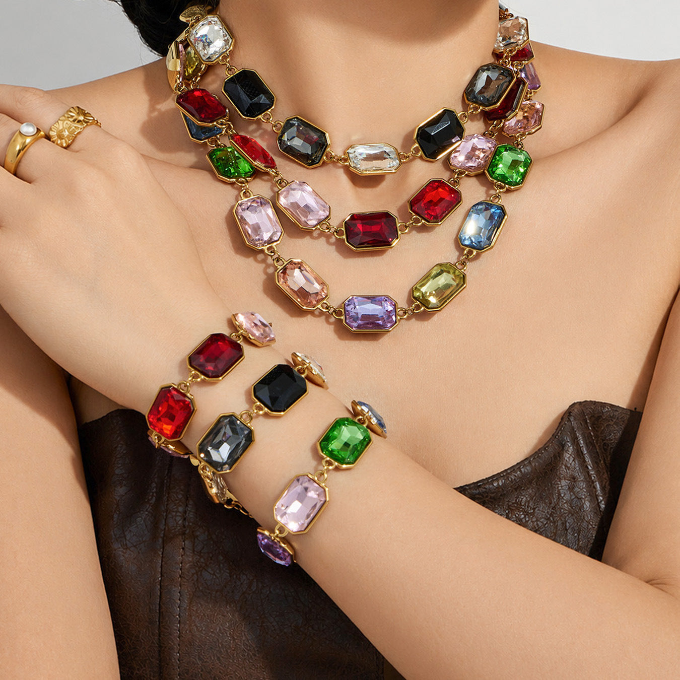 316L Stainless Steel 18K Gold PVD Square Zircon Bracelet - Square Glass Stone, Elegant Bracelet Wholesale Stainless Steel Jewelry - Sensitive Skin Friendly - Detail 4