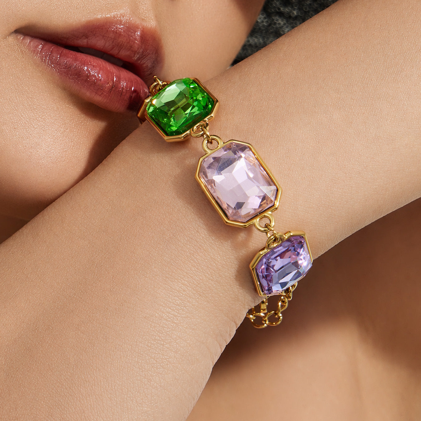 316L Stainless Steel 18K Gold PVD Square Zircon Bracelet - Square Glass Stone, Elegant Bracelet Wholesale Stainless Steel Jewelry - Sensitive Skin Friendly - Detail 8