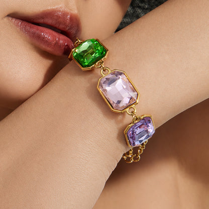 316L Stainless Steel 18K Gold PVD Square Zircon Bracelet - Square Glass Stone, Elegant Bracelet Wholesale Stainless Steel Jewelry - Sensitive Skin Friendly - Detail 8