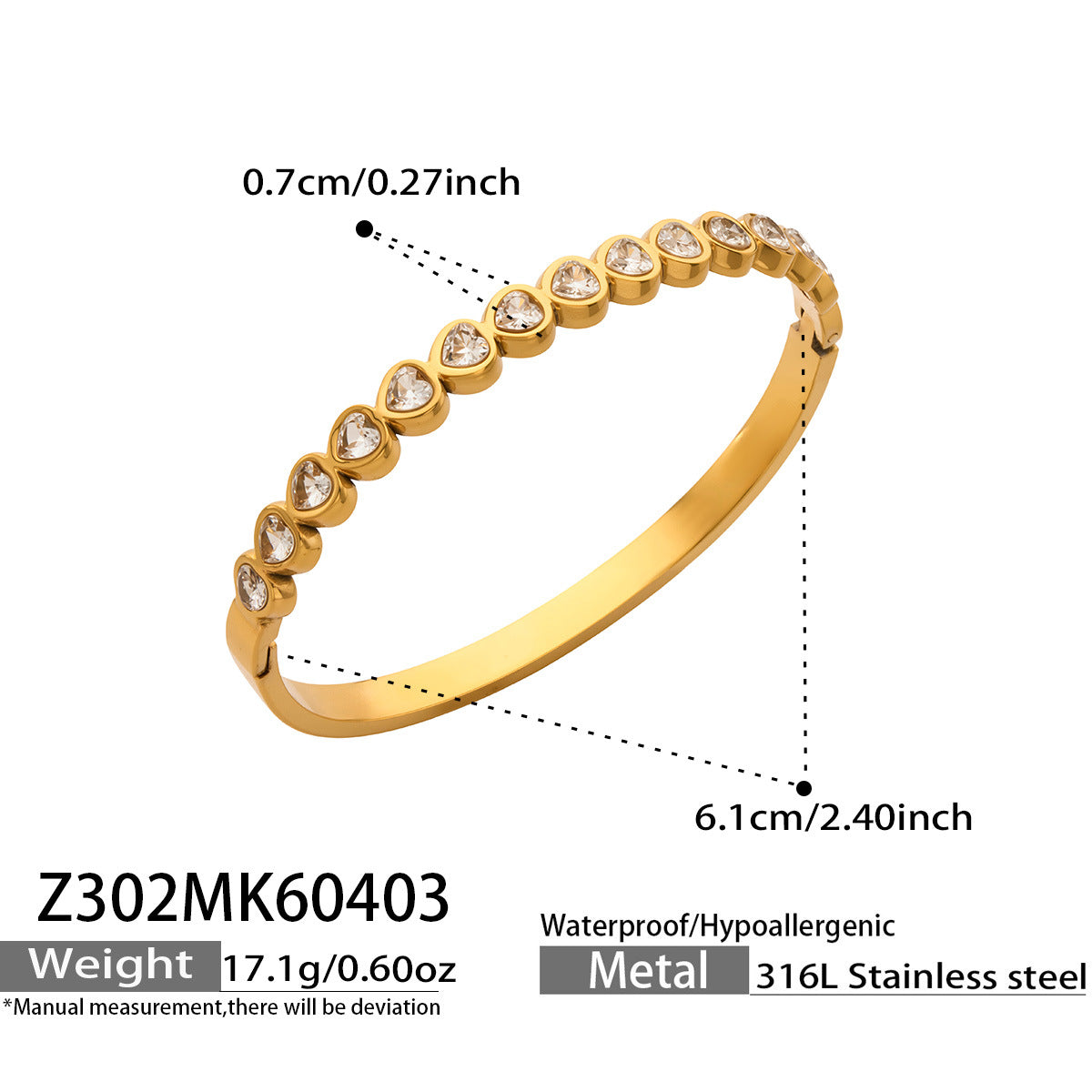 316L Stainless Steel 18K Gold PVD Star Heart Pave 5A Zircon Bangle - Star Bangle, Heart Bangle, Pave Bangle, Zircon Bangle, 18K Gold Plated Bangle, Steel Bangle, Dainty Bangle Wholesale Stainless Steel Jewelry - Sensitive Skin Friendly - Detail 13