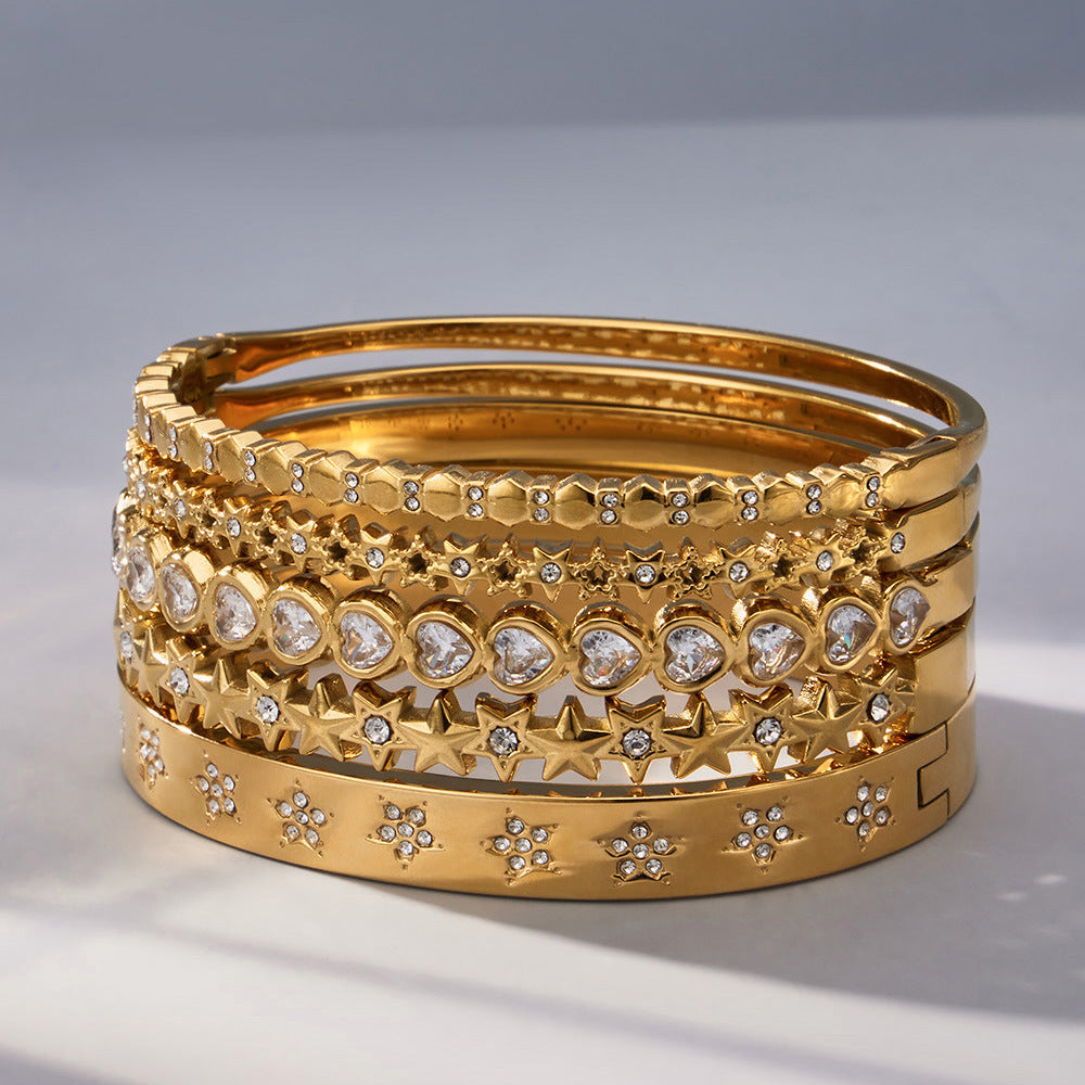 316L Stainless Steel 18K Gold PVD Star Heart Pave 5A Zircon Bangle - Star Bangle, Heart Bangle, Pave Bangle, Zircon Bangle, 18K Gold Plated Bangle, Steel Bangle, Dainty Bangle Wholesale Stainless Steel Jewelry - Sensitive Skin Friendly - Detail 15