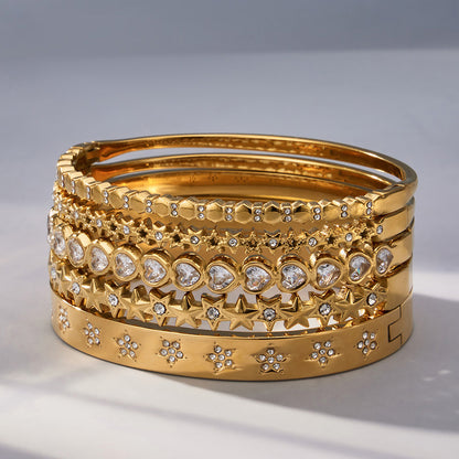 316L Stainless Steel 18K Gold PVD Star Heart Pave 5A Zircon Bangle - Star Bangle, Heart Bangle, Pave Bangle, Zircon Bangle, 18K Gold Plated Bangle, Steel Bangle, Dainty Bangle Wholesale Stainless Steel Jewelry - Sensitive Skin Friendly - Detail 15