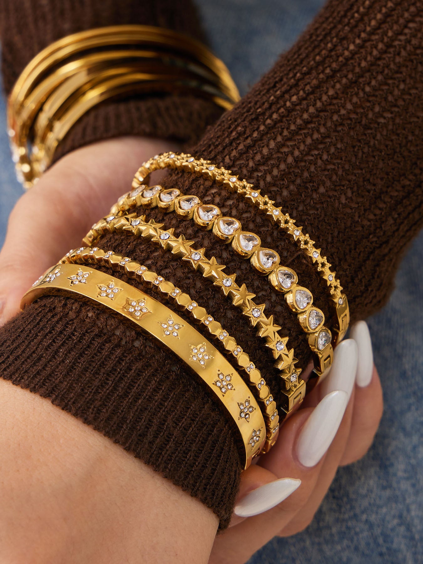 316L Stainless Steel 18K Gold PVD Star Heart Pave 5A Zircon Bangle - Star Bangle, Heart Bangle, Pave Bangle, Zircon Bangle, 18K Gold Plated Bangle, Steel Bangle, Dainty Bangle Wholesale Stainless Steel Jewelry - Sensitive Skin Friendly - Detail 17