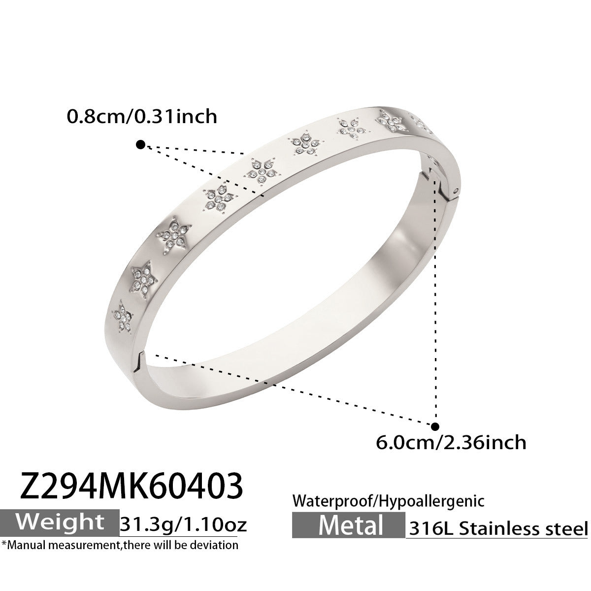 316L Stainless Steel 18K Gold PVD Star Heart Pave 5A Zircon Bangle - Star Bangle, Heart Bangle, Pave Bangle, Zircon Bangle, 18K Gold Plated Bangle, Steel Bangle, Dainty Bangle Wholesale Stainless Steel Jewelry - Sensitive Skin Friendly - Detail 18