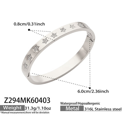 316L Stainless Steel 18K Gold PVD Star Heart Pave 5A Zircon Bangle - Star Bangle, Heart Bangle, Pave Bangle, Zircon Bangle, 18K Gold Plated Bangle, Steel Bangle, Dainty Bangle Wholesale Stainless Steel Jewelry - Sensitive Skin Friendly - Detail 18