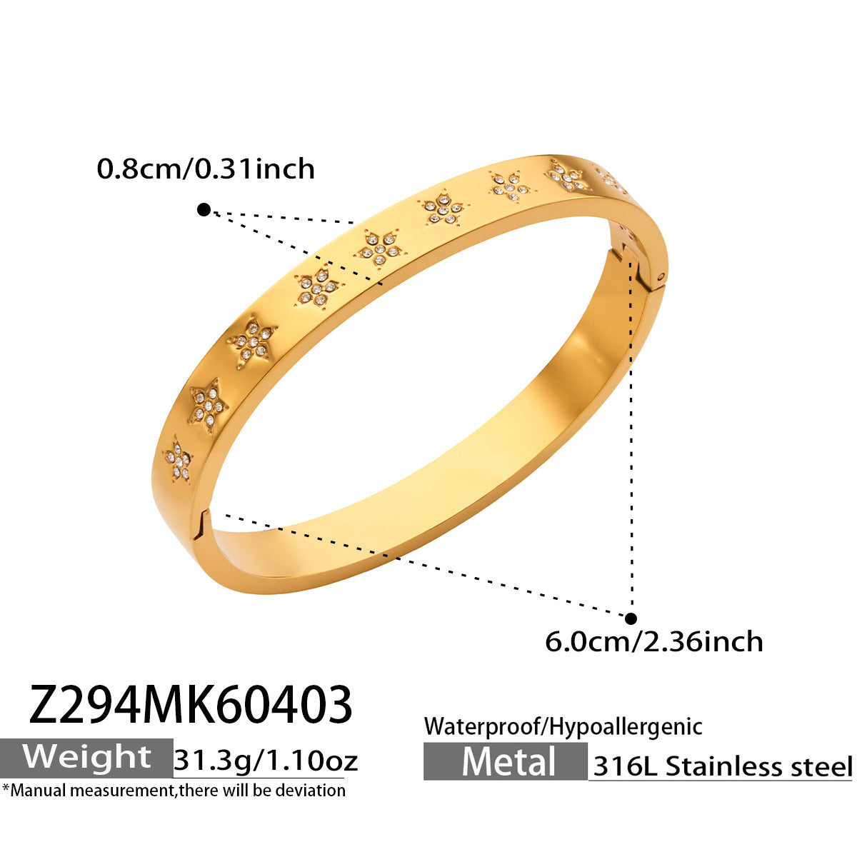 316L Stainless Steel 18K Gold PVD Star Heart Pave 5A Zircon Bangle - Star Bangle, Heart Bangle, Pave Bangle, Zircon Bangle, 18K Gold Plated Bangle, Steel Bangle, Dainty Bangle Wholesale Stainless Steel Jewelry - Sensitive Skin Friendly - Detail 19