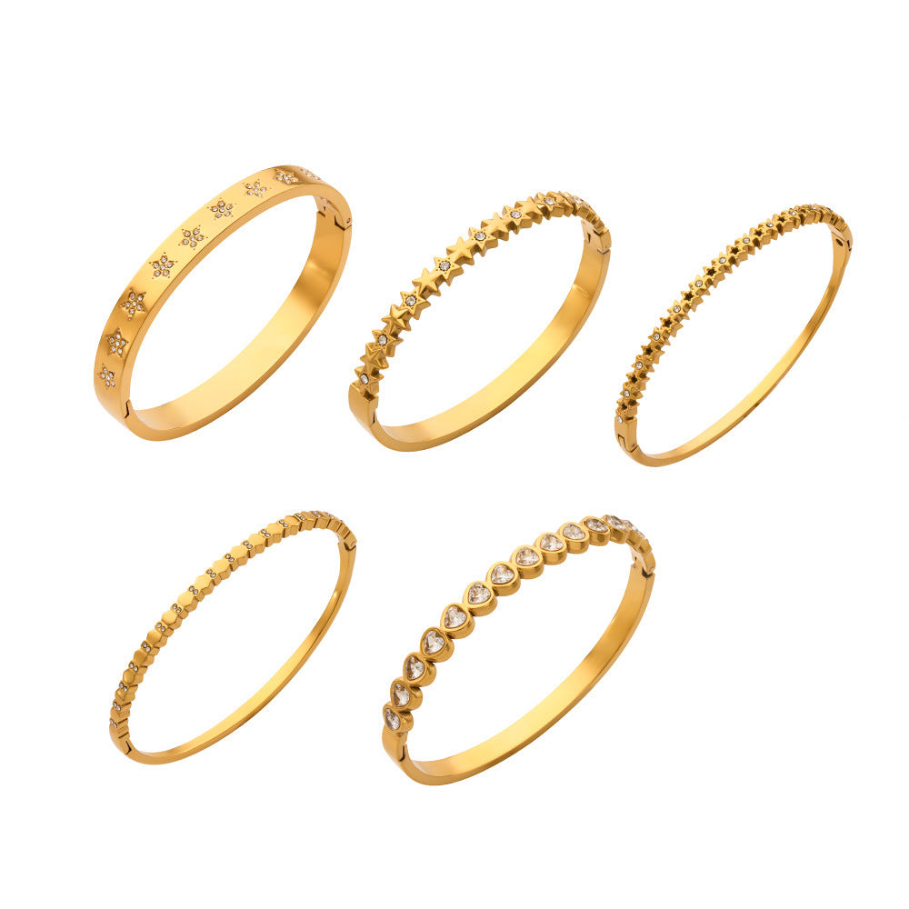 316L Stainless Steel 18K Gold PVD Star Heart Pave 5A Zircon Bangle - Star Bangle, Heart Bangle, Pave Bangle, Zircon Bangle, 18K Gold Plated Bangle, Steel Bangle, Dainty Bangle Wholesale Stainless Steel Jewelry - Sensitive Skin Friendly - Detail 2