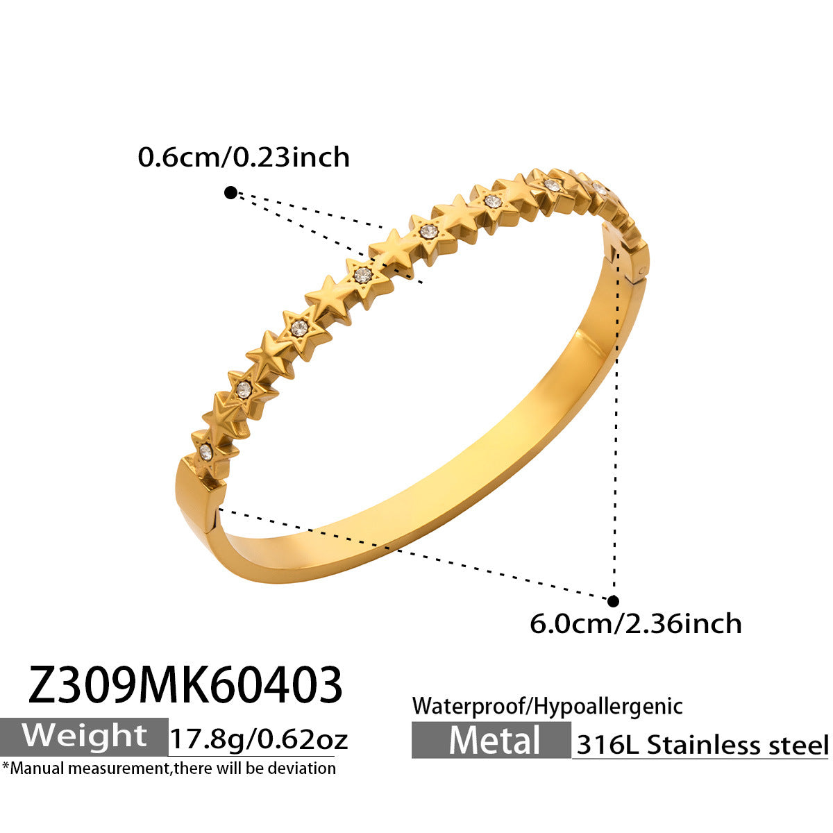 316L Stainless Steel 18K Gold PVD Star Heart Pave 5A Zircon Bangle - Star Bangle, Heart Bangle, Pave Bangle, Zircon Bangle, 18K Gold Plated Bangle, Steel Bangle, Dainty Bangle Wholesale Stainless Steel Jewelry - Sensitive Skin Friendly - Detail 23