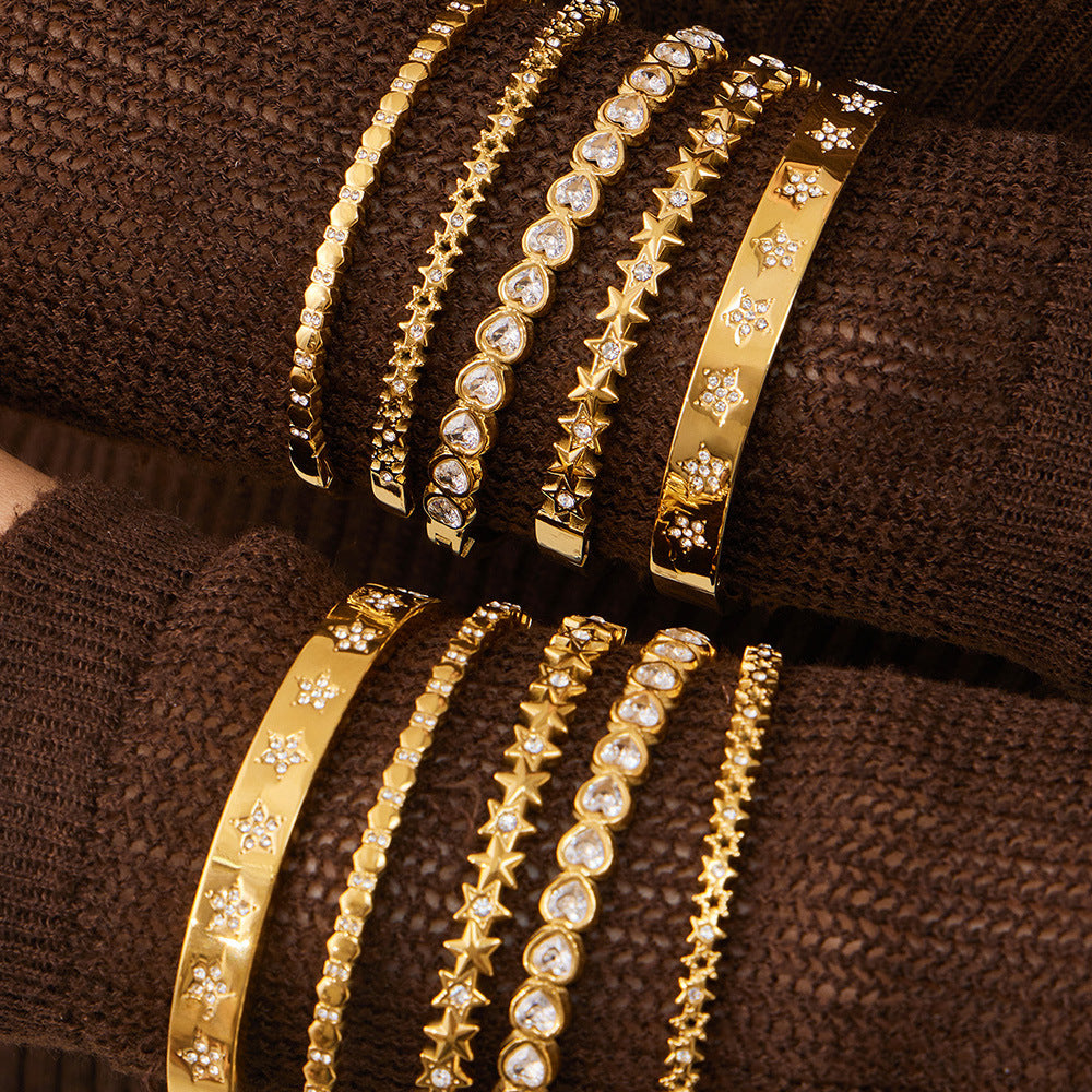 316L Stainless Steel 18K Gold PVD Star Heart Pave 5A Zircon Bangle - Star Bangle, Heart Bangle, Pave Bangle, Zircon Bangle, 18K Gold Plated Bangle, Steel Bangle, Dainty Bangle Wholesale Stainless Steel Jewelry - Sensitive Skin Friendly - Detail 3