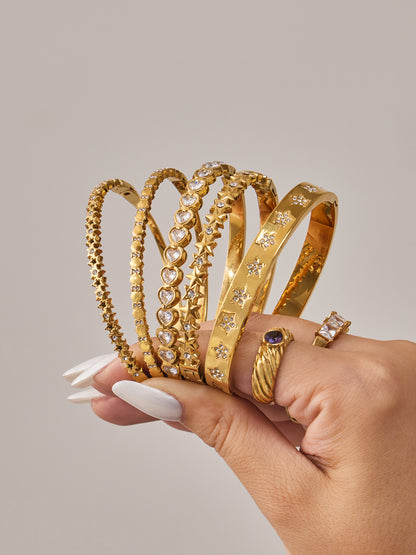 316L Stainless Steel 18K Gold PVD Star Heart Pave 5A Zircon Bangle - Star Bangle, Heart Bangle, Pave Bangle, Zircon Bangle, 18K Gold Plated Bangle, Steel Bangle, Dainty Bangle Wholesale Stainless Steel Jewelry - Sensitive Skin Friendly - Detail 4