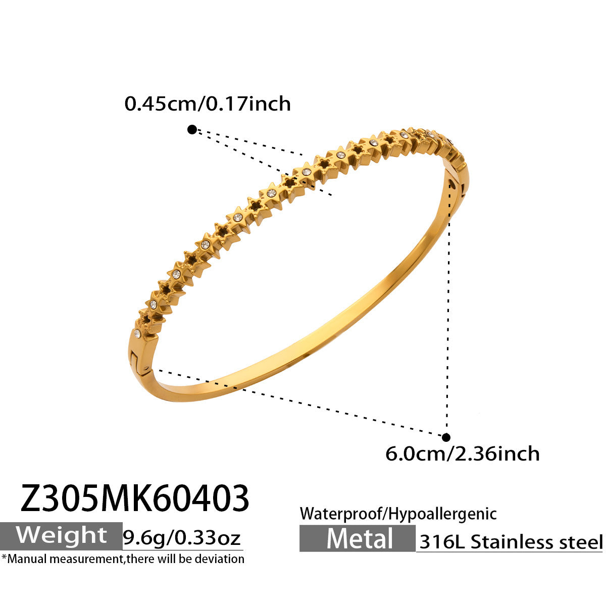 316L Stainless Steel 18K Gold PVD Star Heart Pave 5A Zircon Bangle - Star Bangle, Heart Bangle, Pave Bangle, Zircon Bangle, 18K Gold Plated Bangle, Steel Bangle, Dainty Bangle Wholesale Stainless Steel Jewelry - Sensitive Skin Friendly - Detail 8