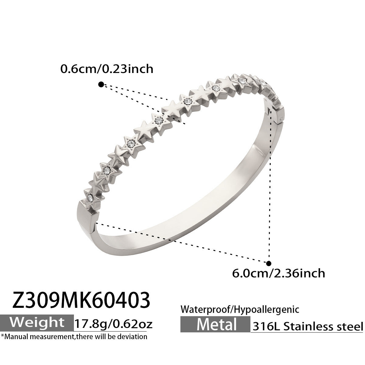 316L Stainless Steel 18K Gold PVD Star Heart Pave 5A Zircon Bangle - Star Bangle, Heart Bangle, Pave Bangle, Zircon Bangle, 18K Gold Plated Bangle, Steel Bangle, Dainty Bangle Wholesale Stainless Steel Jewelry - Sensitive Skin Friendly - Detail 9