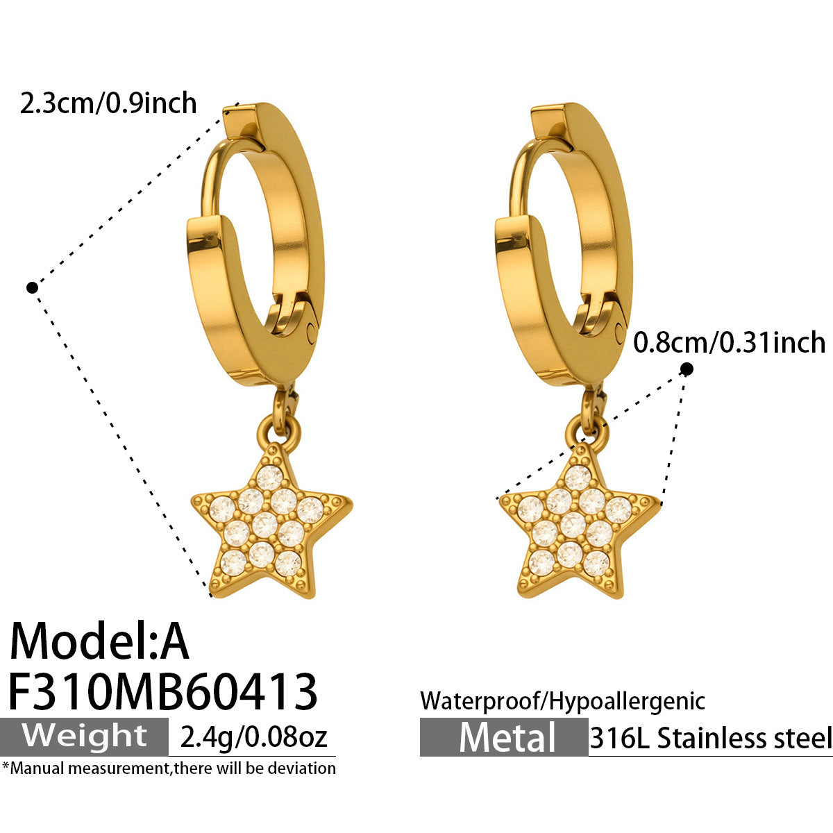 316L Stainless Steel 18K Gold PVD Star Zircon Huggie Hoop Earrings - Star, Zircon, Huggie Hoop, Minimalist, 18K Gold Wholesale Stainless Steel Jewelry - Sensitive Skin Friendly - Detail 1