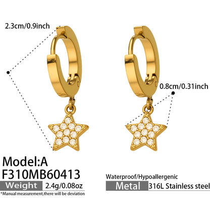 316L Stainless Steel 18K Gold PVD Star Zircon Huggie Hoop Earrings - Star, Zircon, Huggie Hoop, Minimalist, 18K Gold Wholesale Stainless Steel Jewelry - Sensitive Skin Friendly - Detail 1