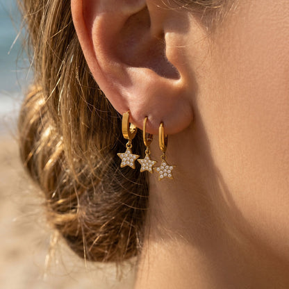 316L Stainless Steel 18K Gold PVD Star Zircon Huggie Hoop Earrings - Star, Zircon, Huggie Hoop, Minimalist, 18K Gold Wholesale Stainless Steel Jewelry - Sensitive Skin Friendly - Detail 11