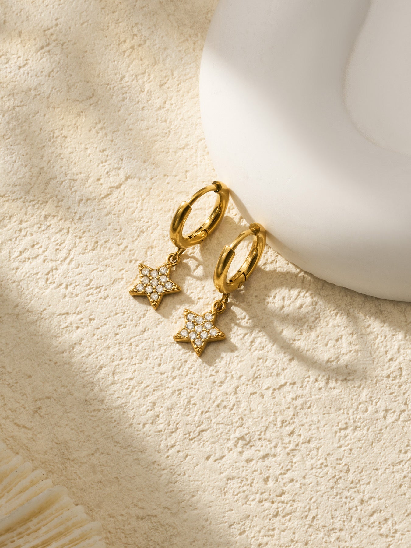 316L Stainless Steel 18K Gold PVD Star Zircon Huggie Hoop Earrings - Star, Zircon, Huggie Hoop, Minimalist, 18K Gold Wholesale Stainless Steel Jewelry - Sensitive Skin Friendly - Detail 3