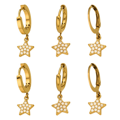 316L Stainless Steel 18K Gold PVD Star Zircon Huggie Hoop Earrings - Star, Zircon, Huggie Hoop, Minimalist, 18K Gold Wholesale Stainless Steel Jewelry - Sensitive Skin Friendly - Detail 4