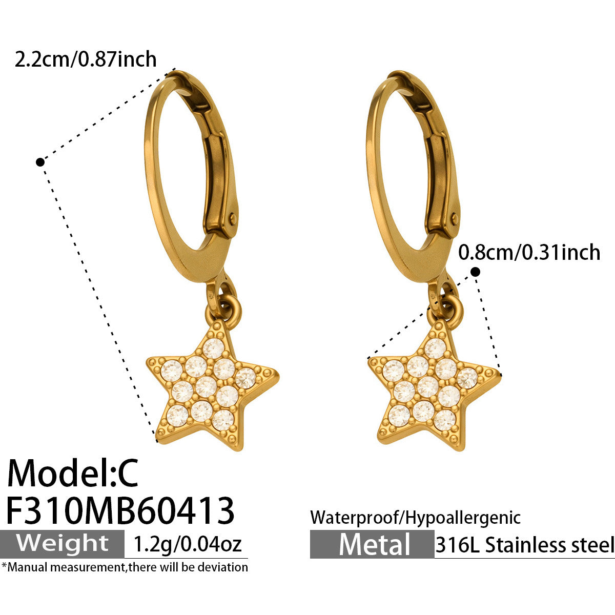 316L Stainless Steel 18K Gold PVD Star Zircon Huggie Hoop Earrings - Star, Zircon, Huggie Hoop, Minimalist, 18K Gold Wholesale Stainless Steel Jewelry - Sensitive Skin Friendly - Detail 7