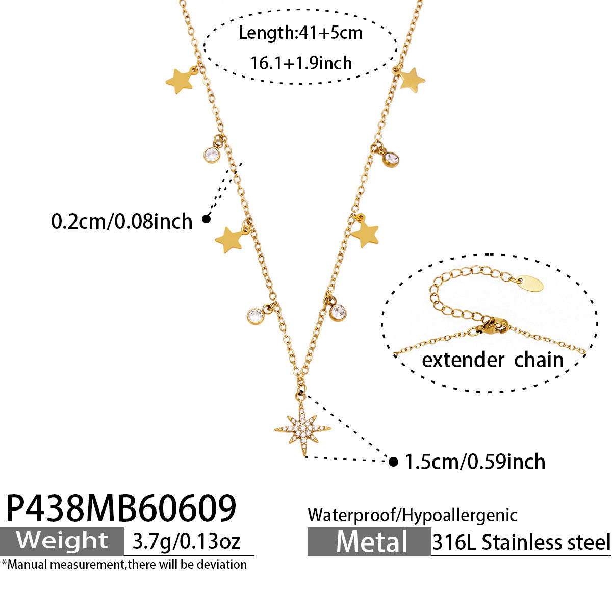 316L Stainless Steel 18K Gold PVD Star Zircon Necklace - Star Zircon Modern Elegant Wholesale Stainless Steel Jewelry - Sensitive Skin Friendly - Detail 3