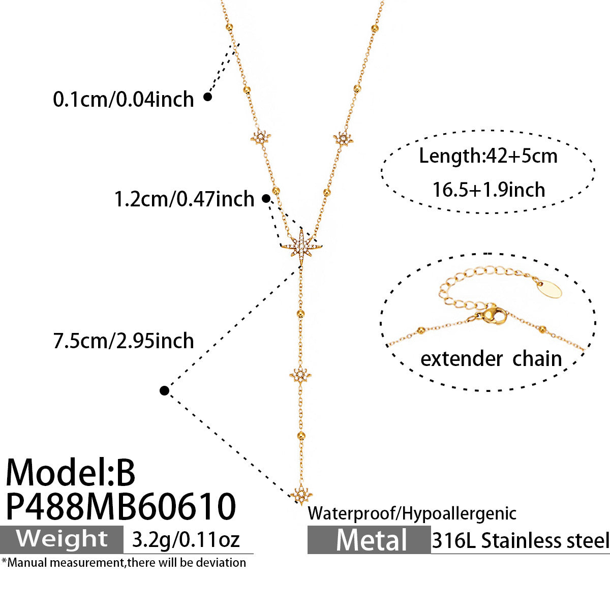 316L Stainless Steel 18K Gold PVD Star Zircon Necklace - Star Zircon Modern Elegant Wholesale Stainless Steel Jewelry - Sensitive Skin Friendly - Detail 6