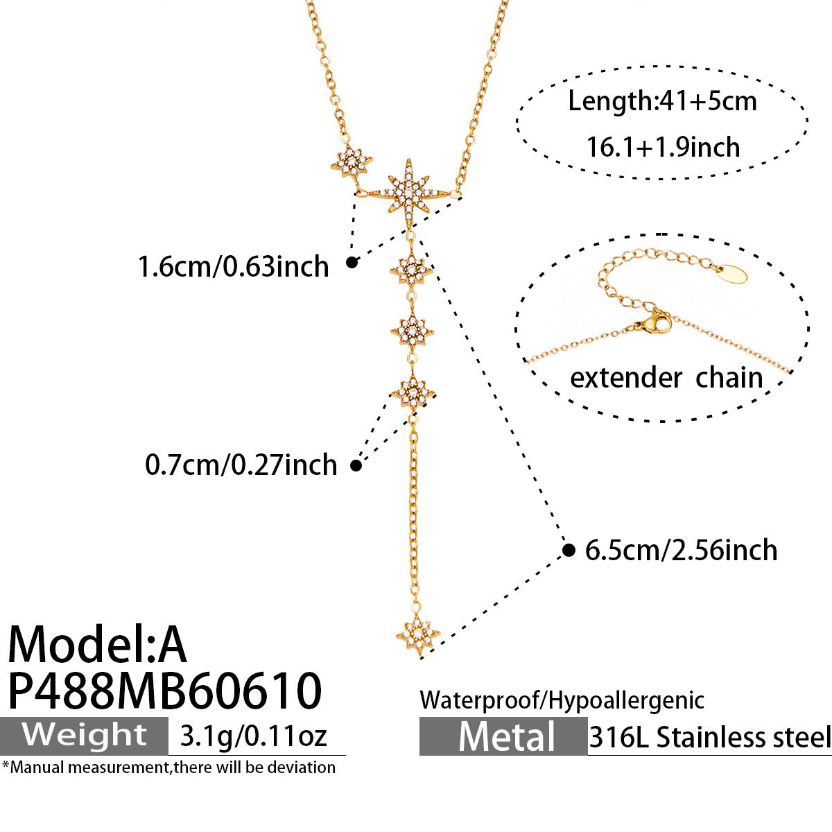 316L Stainless Steel 18K Gold PVD Star Zircon Necklace - Star Zircon Modern Elegant Wholesale Stainless Steel Jewelry - Sensitive Skin Friendly - Detail 9
