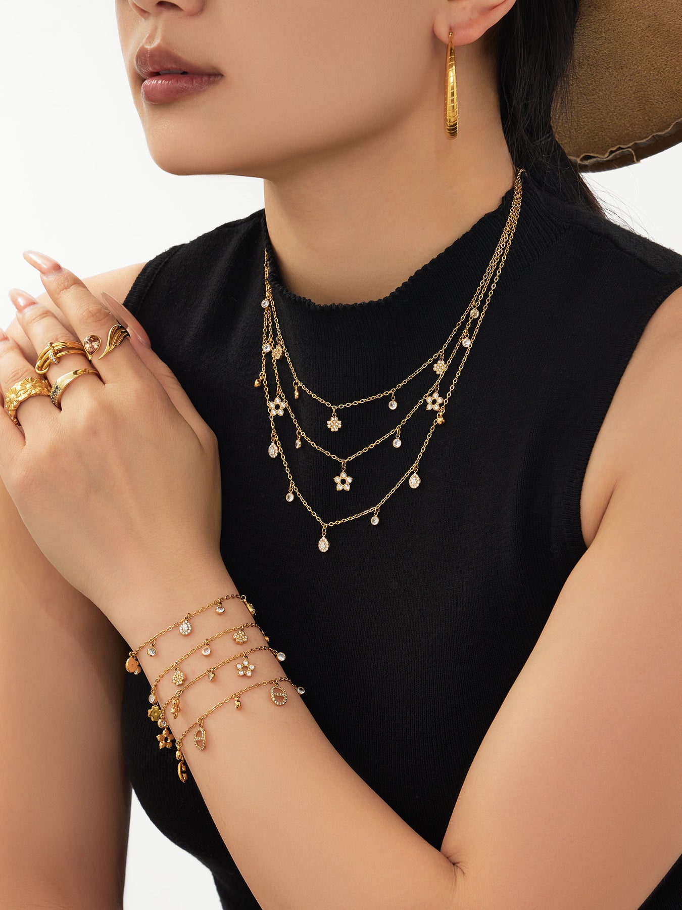 316L Stainless Steel 18K Gold PVD Star Zircon Pendant Necklace & Bracelet Set - Light Luxury Gold Star Zircon Pendant Stackable Wholesale Stainless Steel Jewelry - Sensitive Skin Friendly - Detail 1