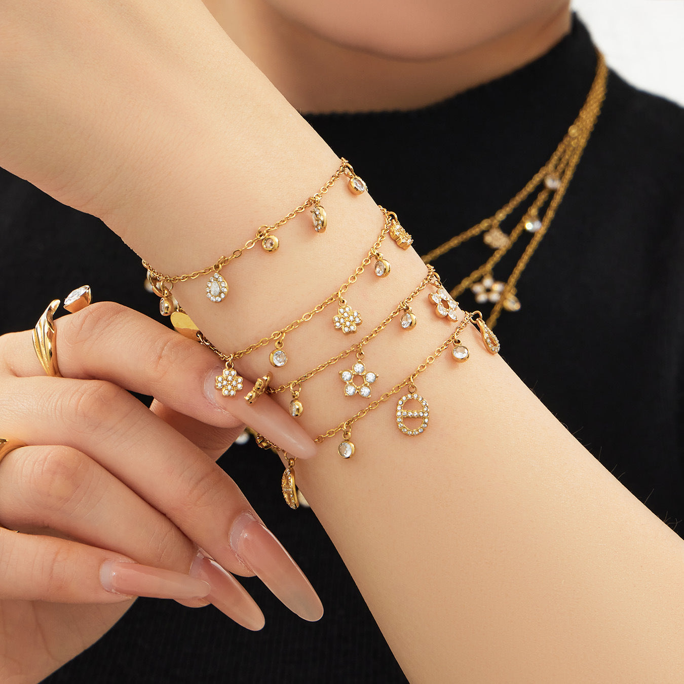 316L Stainless Steel 18K Gold PVD Star Zircon Pendant Necklace & Bracelet Set - Light Luxury Gold Star Zircon Pendant Stackable Wholesale Stainless Steel Jewelry - Sensitive Skin Friendly - Detail 23
