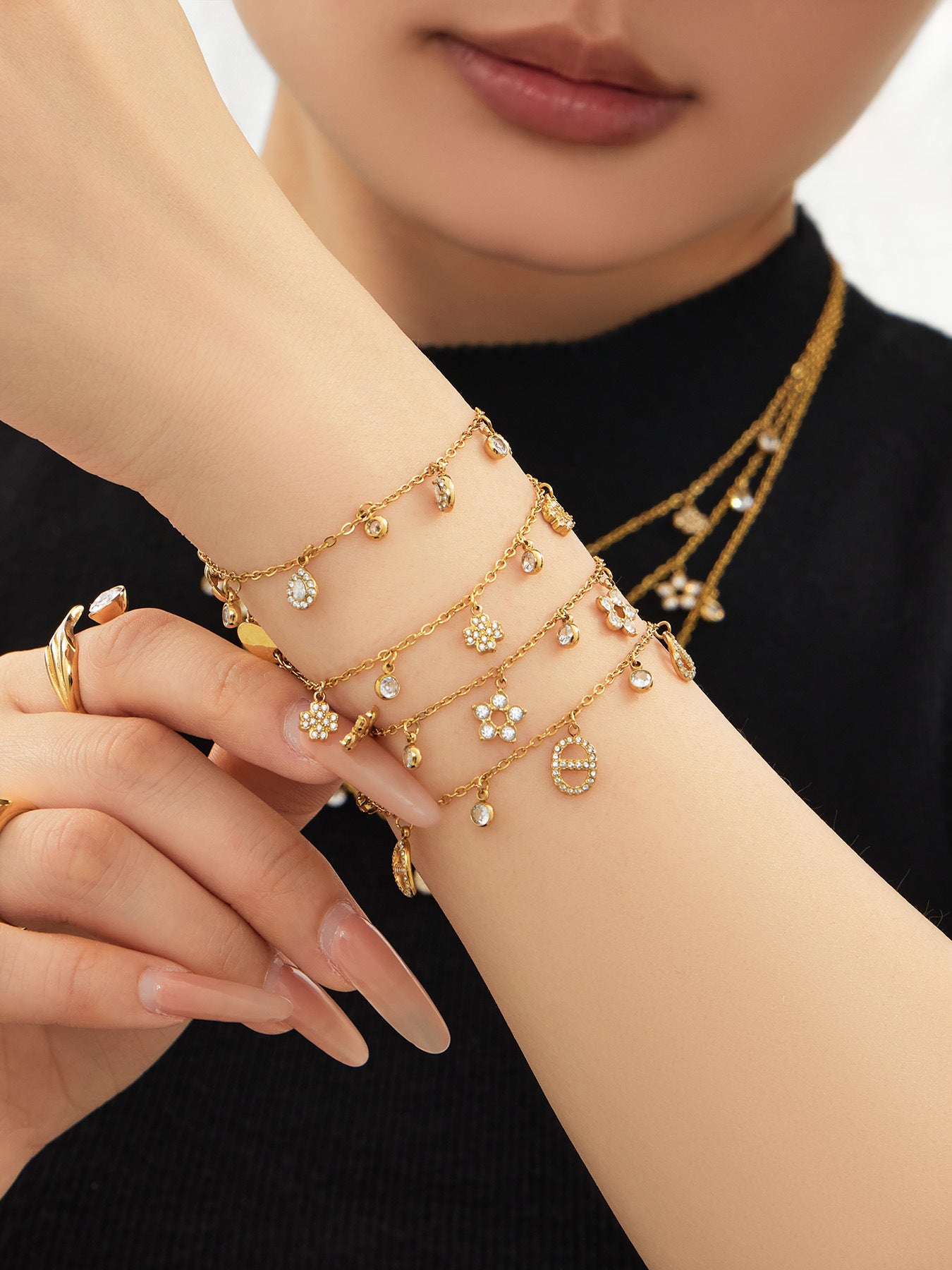 316L Stainless Steel 18K Gold PVD Star Zircon Pendant Necklace & Bracelet Set - Light Luxury Gold Star Zircon Pendant Stackable Wholesale Stainless Steel Jewelry - Sensitive Skin Friendly - Detail 25