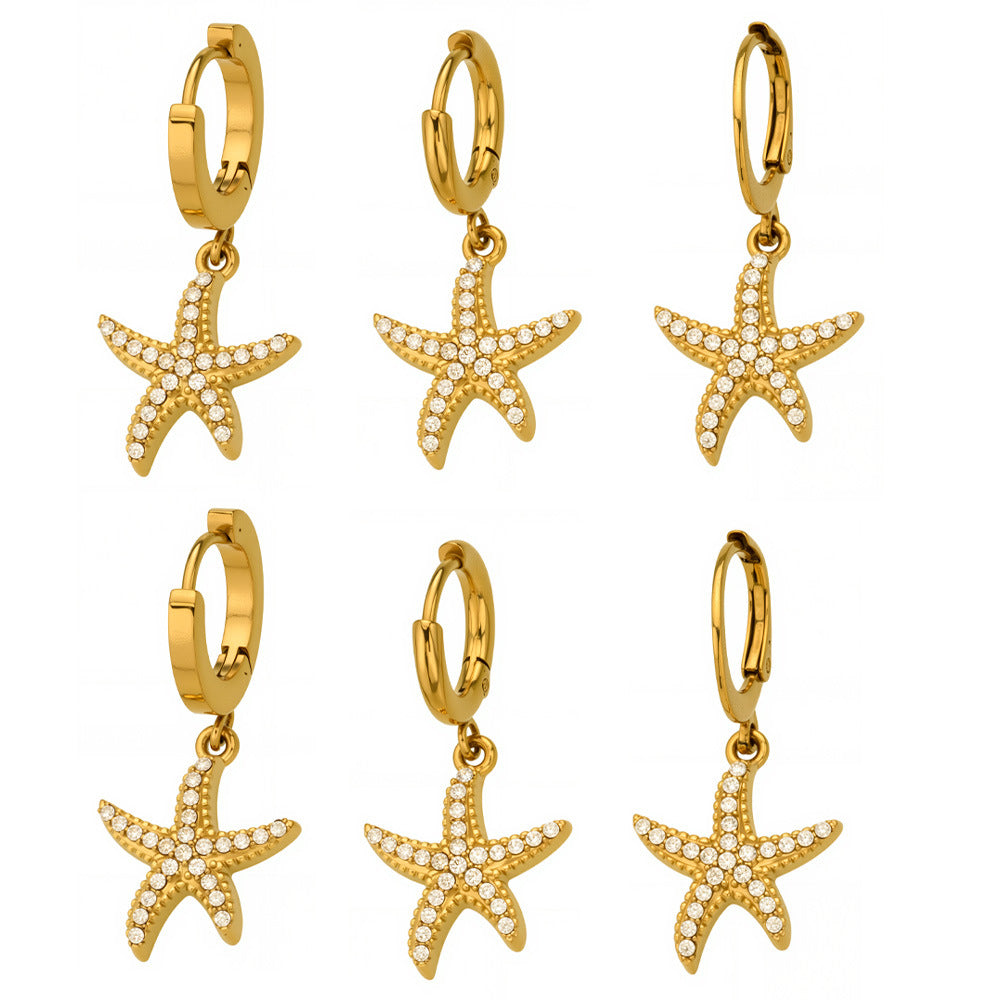 316L Stainless Steel 18K Gold PVD Starfish Zircon Hoop Earrings - Modern Starfish Zircon Hoop, 18K Gold PVD Wholesale Stainless Steel Jewelry - Sensitive Skin Friendly - Detail 1