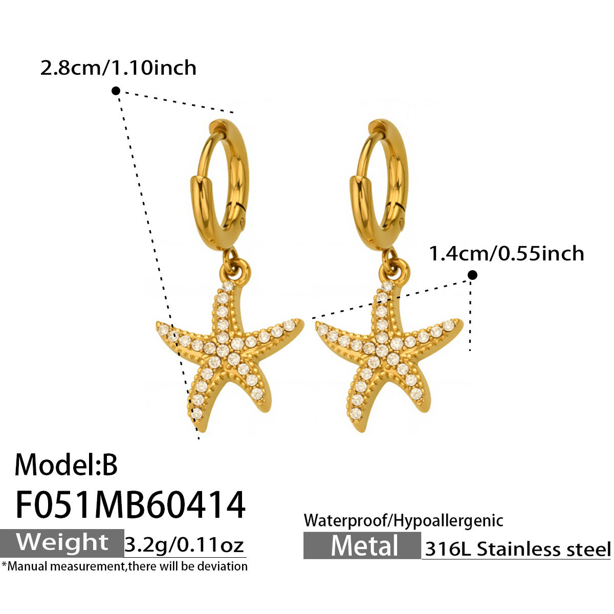 316L Stainless Steel 18K Gold PVD Starfish Zircon Hoop Earrings - Modern Starfish Zircon Hoop, 18K Gold PVD Wholesale Stainless Steel Jewelry - Sensitive Skin Friendly - Detail 10