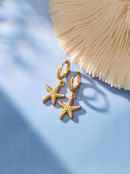 316L Stainless Steel 18K Gold PVD Starfish Zircon Hoop Earrings - Modern Starfish Zircon Hoop, 18K Gold PVD Wholesale Stainless Steel Jewelry - Sensitive Skin Friendly - Detail 11