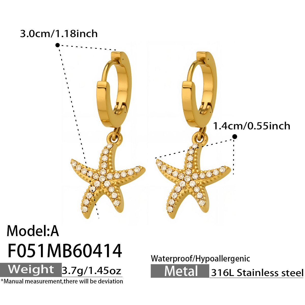 316L Stainless Steel 18K Gold PVD Starfish Zircon Hoop Earrings - Modern Starfish Zircon Hoop, 18K Gold PVD Wholesale Stainless Steel Jewelry - Sensitive Skin Friendly - Detail 12