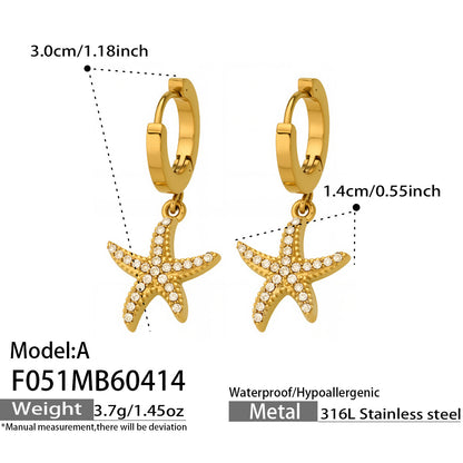 316L Stainless Steel 18K Gold PVD Starfish Zircon Hoop Earrings - Modern Starfish Zircon Hoop, 18K Gold PVD Wholesale Stainless Steel Jewelry - Sensitive Skin Friendly - Detail 12