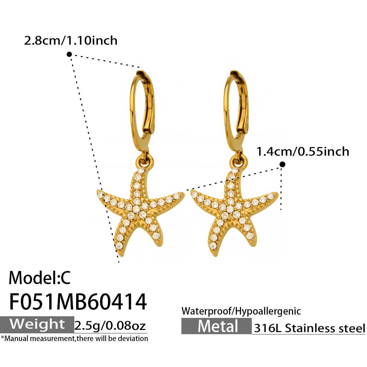 316L Stainless Steel 18K Gold PVD Starfish Zircon Hoop Earrings - Modern Starfish Zircon Hoop, 18K Gold PVD Wholesale Stainless Steel Jewelry - Sensitive Skin Friendly - Detail 13