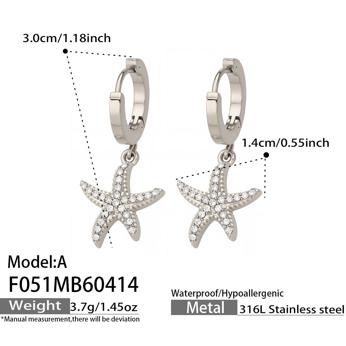 316L Stainless Steel 18K Gold PVD Starfish Zircon Hoop Earrings - Modern Starfish Zircon Hoop, 18K Gold PVD Wholesale Stainless Steel Jewelry - Sensitive Skin Friendly - Detail 14