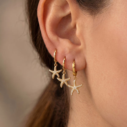 316L Stainless Steel 18K Gold PVD Starfish Zircon Hoop Earrings - Modern Starfish Zircon Hoop, 18K Gold PVD Wholesale Stainless Steel Jewelry - Sensitive Skin Friendly - Detail 15