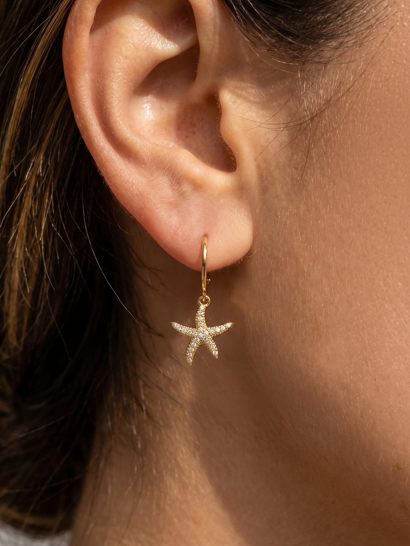 316L Stainless Steel 18K Gold PVD Starfish Zircon Hoop Earrings - Modern Starfish Zircon Hoop, 18K Gold PVD Wholesale Stainless Steel Jewelry - Sensitive Skin Friendly - Detail 2