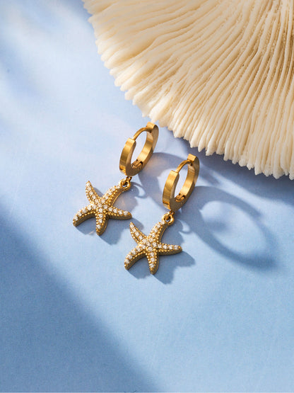 316L Stainless Steel 18K Gold PVD Starfish Zircon Hoop Earrings - Modern Starfish Zircon Hoop, 18K Gold PVD Wholesale Stainless Steel Jewelry - Sensitive Skin Friendly - Detail 4