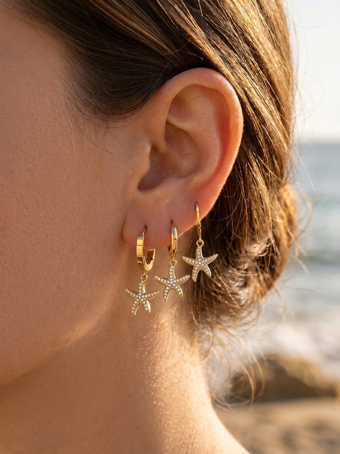 316L Stainless Steel 18K Gold PVD Starfish Zircon Hoop Earrings - Modern Starfish Zircon Hoop, 18K Gold PVD Wholesale Stainless Steel Jewelry - Sensitive Skin Friendly - Detail 5