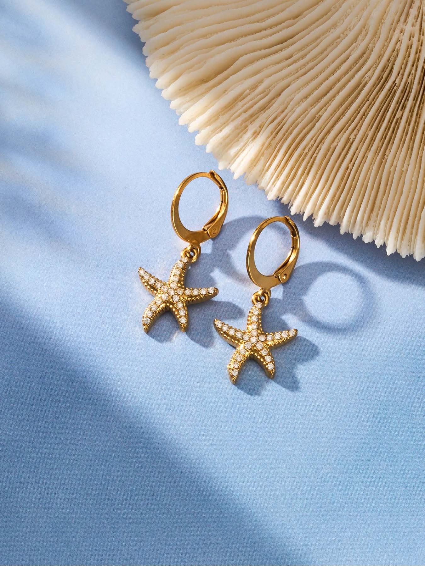 316L Stainless Steel 18K Gold PVD Starfish Zircon Hoop Earrings - Modern Starfish Zircon Hoop, 18K Gold PVD Wholesale Stainless Steel Jewelry - Sensitive Skin Friendly - Detail 6