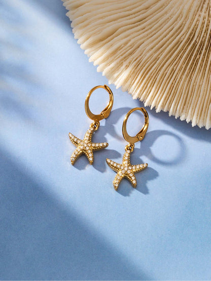 316L Stainless Steel 18K Gold PVD Starfish Zircon Hoop Earrings - Modern Starfish Zircon Hoop, 18K Gold PVD Wholesale Stainless Steel Jewelry - Sensitive Skin Friendly - Detail 6