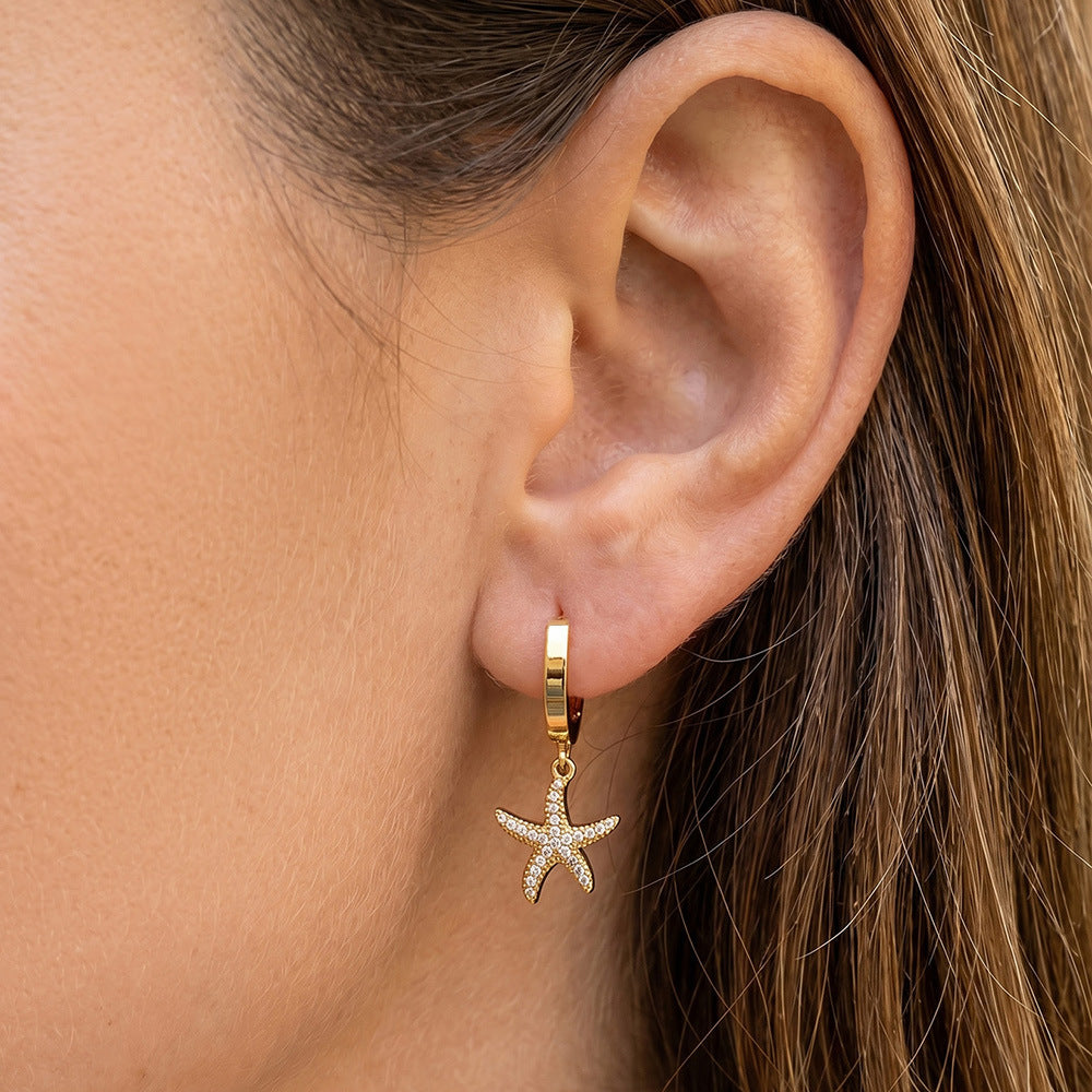 316L Stainless Steel 18K Gold PVD Starfish Zircon Hoop Earrings - Modern Starfish Zircon Hoop, 18K Gold PVD Wholesale Stainless Steel Jewelry - Sensitive Skin Friendly - Detail 7