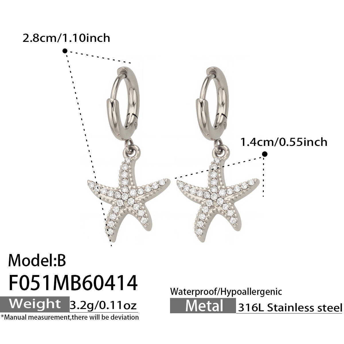 316L Stainless Steel 18K Gold PVD Starfish Zircon Hoop Earrings - Modern Starfish Zircon Hoop, 18K Gold PVD Wholesale Stainless Steel Jewelry - Sensitive Skin Friendly - Detail 8