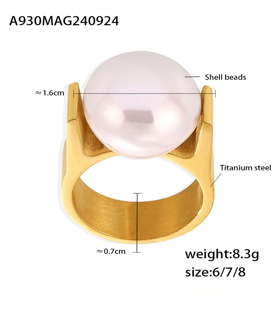 316L Stainless Steel 18K Gold PVD Statement Shell Pearl Ring - Statement Shell Pearl Ring, Exaggerated Pearl Ring, Light Luxury Ring, Modern Temperament Ring Wholesale Stainless Steel Jewelry - Sensitive Skin Friendly - Detail 3