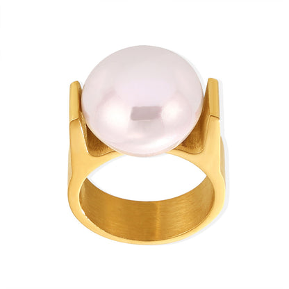 316L Stainless Steel 18K Gold PVD Statement Shell Pearl Ring - Statement Shell Pearl Ring, Exaggerated Pearl Ring, Light Luxury Ring, Modern Temperament Ring Wholesale Stainless Steel Jewelry - Sensitive Skin Friendly - Detail 6