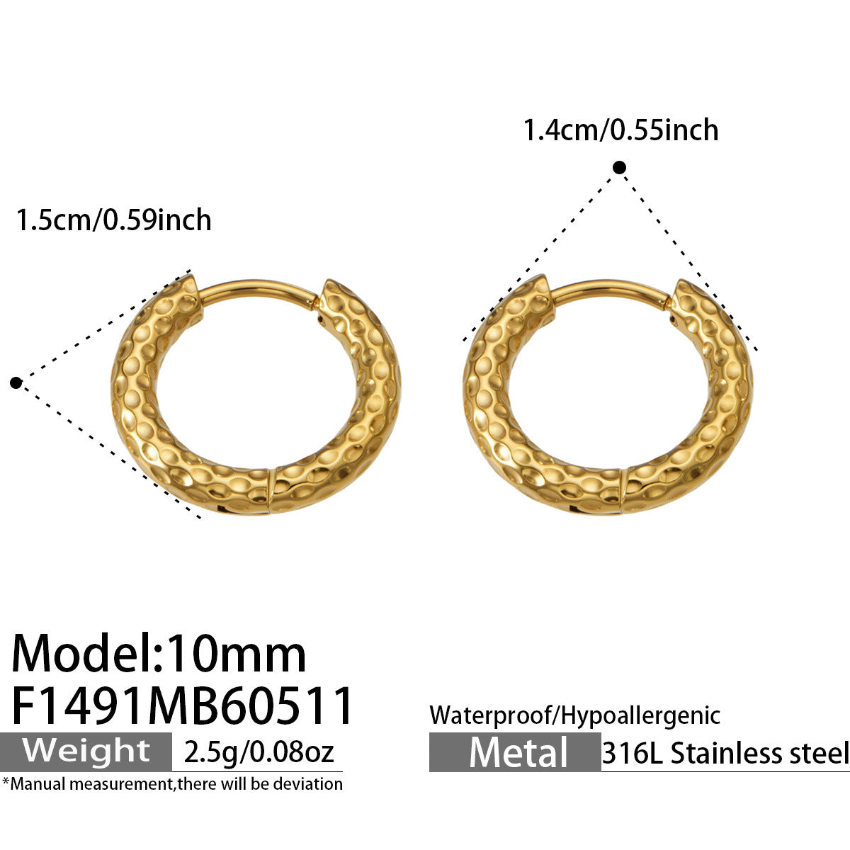 316L Stainless Steel 18K Gold PVD Striped Hoop Earrings - Striped Hoop Lightweight Minimalist Modern Wholesale Stainless Steel Jewelry - Sensitive Skin Friendly - Detail 4