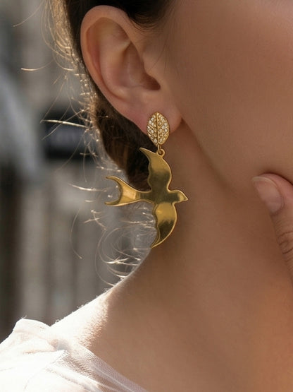 316L Stainless Steel 18K Gold PVD Swallow Leaf Zircon Unique Design Earrings - Swallow Leaf Zircon Unique Design Wholesale Stainless Steel Jewelry - Sensitive Skin Friendly - Detail 5